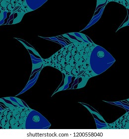 Exotic Fish. Seamless Pattern with Colorful Fish Hand Drawn in Zentangle Style. Sea Pattern for Paper, Chintz, Swimwear. Bright Simple Texture in Trendy Colors. Vector Illustration.