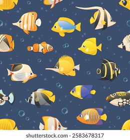 Exotic fish seamless pattern. Colorful tropical ocean inhabitants, marine patterned goldfish animals, repeated aquarium life. Decor textile, wrapping, wallpaper. Print for fabric vector background