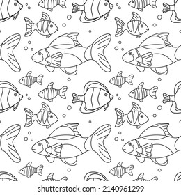 Exotic fish seamless pattern doodle outline vector. Texture for background, print, greeting card, holiday card, packaging, merchandise, book, poster, fabric, wrapping.