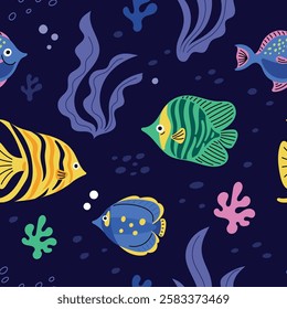 Exotic fish seamless pattern. Tropical inhabitants of coral reefs. Seas and oceans underwater life. Repeated print. Seawater aquaculture. Aquarium goldfish. Garish vector