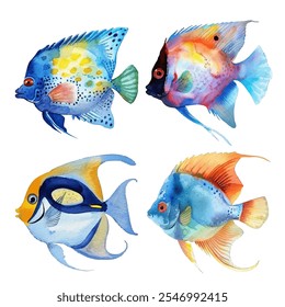 exotic fish, showcasing their vivid colors and intricate patterns. Perfect for aquatic-themed designs, art projects, and decor. Adds a splash of color and life.