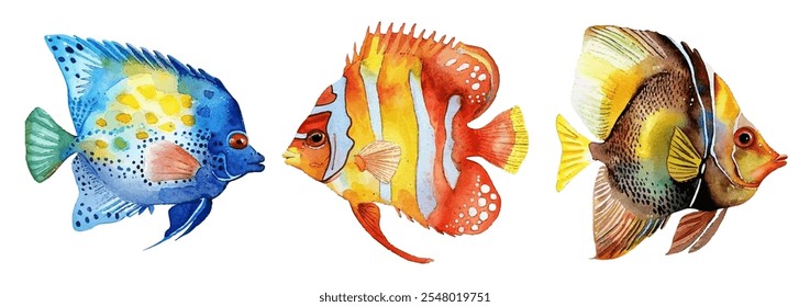 exotic fish, showcasing their vivid colors and intricate patterns. Perfect for aquatic-themed designs, art projects, and decor. Adds a splash of color and life.