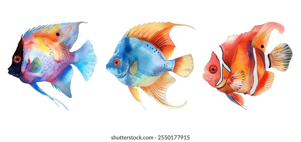 exotic fish, showcasing their vivid colors and intricate patterns. Perfect for aquatic-themed designs, art projects, and decor. Adds a splash of color and life.