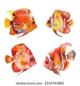 exotic fish, showcasing their vivid colors and intricate patterns. Perfect for aquatic-themed designs, art projects, and decor. Adds a splash of color and life.