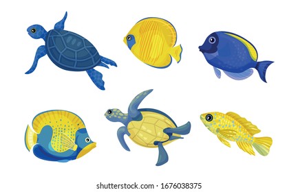 Peces y tortugas exóticas con conjunto de vectores de color brillante