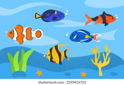 Exotic fish underwater concept. Fauna and wildlife, colorful animals in sea or ocean. Biology and zoology. Nautical dwellers. Poster or banner for website. Cartoon flat vector illustration