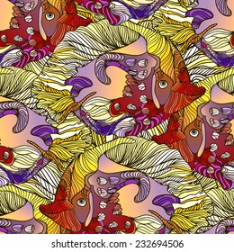 Exotic fish. Vector seamless pattern.