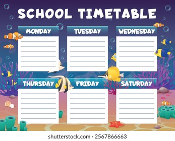 Exotic fish weekly planner. Marine timetable schedule, kids education, to do list, tropical sea life, underwater inhabitants, typography design, cartoon flat isolated vector concept