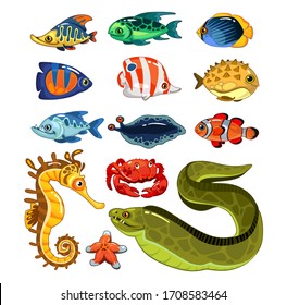 Exotic fishes characters in cartoon style set vector illustration. Various sea inhabitants cartoon design. Nemo, sea horse, starfish and crab. Underwater life concept. Isolated on white background