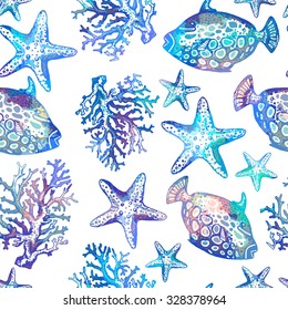 Exotic fishes, corals and starfishes colorful seamless pattern. Watercolor imitation. Vector.