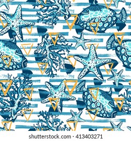 Exotic fishes, corals and starfishes colorful seamless pattern. Hand drawn sea creatures. Vector. Seamless background, wallpaper.