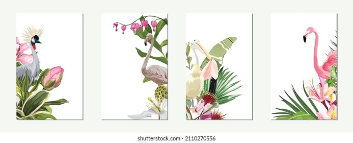 Exotic  flamingo birds with leaves and flowers. Beal to beak. Card template set. Mating season. Detailed vector design illustration. Valentine.