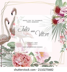 Exotic  flamingo birds with leaves and flowers. Beal to beak. Card template set. Mating season. Detailed vector design illustration. Valentine.