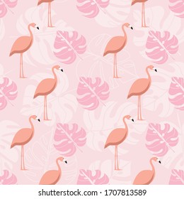 Flamingo exótico y hojas tropicales sin fisuras en el diseño de fondo rosa pastel