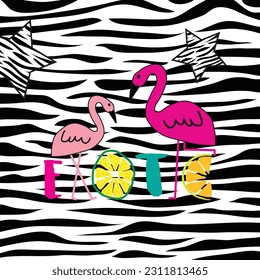 Exotic flamingos on zebra pattern background vector illustration.