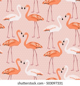 Exotic flamingos standing beak to beak. Seamless pattern on pink polka dot background. Love feelings concept vector design illustration.