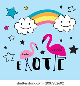 Exotic flamingos under rainbow vector illustration.