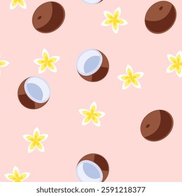 Exotic flat seamless pattern with coconut and plumeria flowers. Simple, cute and colorful summer cartoon vector illustration for fabric, textile.