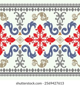 Exotic Fleur de lis Geometric Detailed Royal Silk Weaves Exquisitely Border Pattern Vector. Vintage Powerful Delicate Scroll Ornament Embroidery Contrast Gold Navy Red on Light Blue Pastel Background.