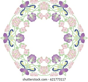 Exotic Flora and Fauna Frame. Tropical flowers Design with Lotus flowers and birds. Universal card for invitation and birthday party. 