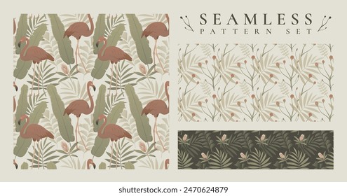 Exotic flora seamless pattern collection. Flat vector summer tropic vector set. Repeating print of pink flamingo with green leaves and flowers.