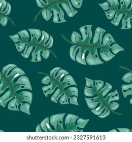 Exotic flora, tropical monstera leaves floral adornment. Flowers of tropics and rainforests, vegetation and nature design. Seamless pattern, background print or wallpaper. Vector in flat style