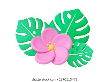 Exotic floral 3d elements. Flowers and tropical leaves. Decorative isolated botanical graphic, vector realistic pink flower. Hawaiian plant style