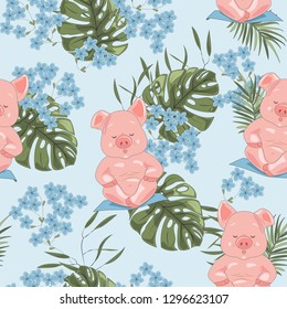 Exotic Floral Background with Piglet. Abstract wild seamless floral pattern with cute piglets in lotus position. Tropical vector seamless floral print with funny piglets. Vector illustration.