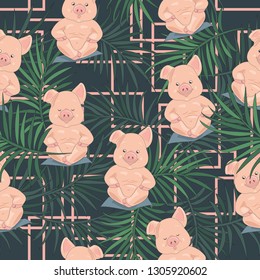 Exotic Floral Background with Piglet. Abstract wild seamless floral pattern with cute piglets in lotus position. Tropical vector seamless floral print with funny piglets. Vector illustration.