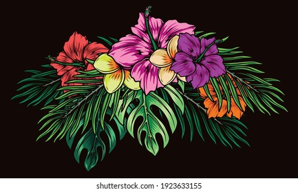 Exotic floral bouquet colorful concept with beautiful tropical flowers and leaves on black background isolated vector illustration