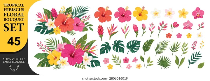 Exotic floral collection featuring hibiscus, orchids, and plumeria. Includes tropical leaves and buds. Ideal for summer, vacation, and beach themed designs. Isolated on transparent background.