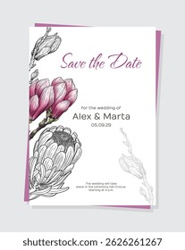 Exotic Floral Invitation Templates – Minimal Line Art Cards. A stylish collection of vector invitation templates featuring hand-drawn exotic flowers in elegant line art style. Ideal for weddings
