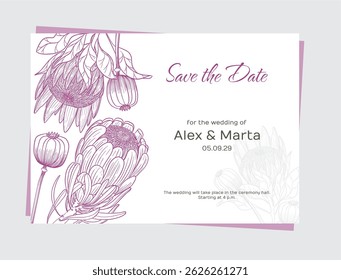 Templates d'Invitation Florale Exotique - Cartes d'Art Ligne Minimale. Une collection élégante de templates d'invitation à l'Image vectorielle avec des fleurs exotiques dessinées à la main dans un style élégant de line art. Idéal pour les mariages