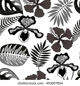 Exotic floral jungle seamless pattern. Tropical black and white texture. Monochrome tropic palm leaves and orchid and hibiscus flowers background. 
