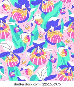 Exotic floral print design. Vector seamless pattern with pink orchid flower and leaves. Tropical texture illustration for card, fabric, wallpaper, wrapping paper. Summer botanical background