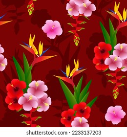 exotic floral print, tropical garden seamless pattern. red pink hibiscus flowers. bird of paradise. good for fabric, wallpaper, fashion, summer dress, textile, resort wear.