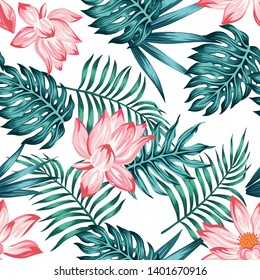 Exotic floral seamless illustration, realistic vector pattern blue palm, monstera leaves and pink lily flowers on the white background. Botanical wallpaper