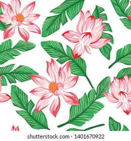 Exotic floral seamless illustration, realistic vector pattern green banana leaves and pink lily flowers on the white background. Botanical wallpaper