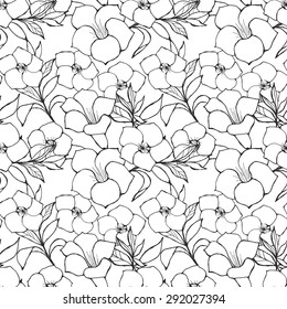 Exotic Floral Seamless Pattern. Black And White Outline Hand Drawn Flowers And Leaves.