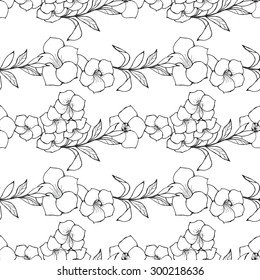 Exotic Floral Seamless Pattern. Black And White Outline Hand Drawn Flowers And Leaves.