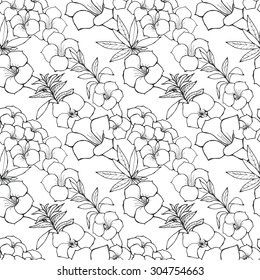 Exotic Floral Seamless Pattern. Black And White Outline Hand Drawn Flowers And Leaves.