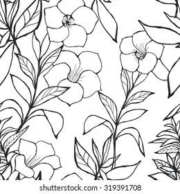 Exotic Floral Seamless Pattern. Black And White Outline Hand Drawn Flowers And Leaves. 