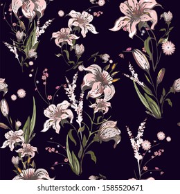 Exotic floral seamless pattern with the image of pink garden lilies and field plants on a black background. The botanical elements in the compositions are scattered. Vector for print, textile, fabrics