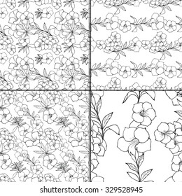 Exotic Floral Seamless Pattern Set. Black And White Outline Hand Drawn Flowers And Leaves.