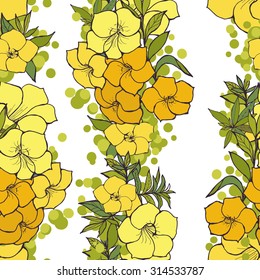 Exotic Floral Seamless Pattern. Yellow Hand Drawn Flowers And Leaves On White Background.