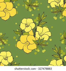 Exotic Floral Seamless Pattern. Yellow Hand Drawn Flowers And Leaves On Green Background.