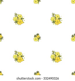 Exotic Floral Seamless Pattern. Yellow Hand Drawn Flowers And Leaves On White Background. 