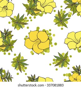 Exotic Floral Seamless Pattern. Yellow Hand Drawn Flowers And Leaves On White  Background. 