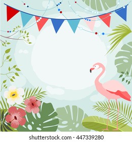 Exotic floral vector background with a flamingo and flags, vector illustration, summer background