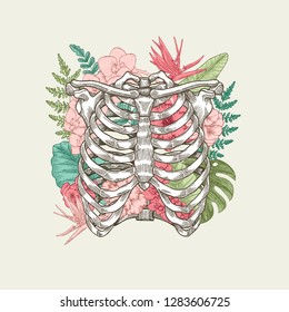 Exotic florals vintage rib cage illustration. Floral anatomy